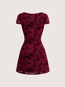 Franclia Women's Elegant 2026 Spring/Summer Short Sleeve Velvet Jacquard Mesh Elastic Fitted Mini Dress - Green - View 2