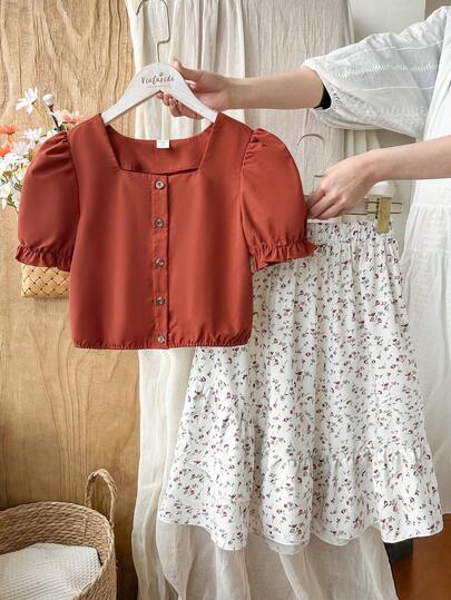 Vintaside Kids Girls' Spring & Summer Square Neck Short Sleeve Simple Fashionable Shirt Paired With Stylish Fresh Digital Print Dress, Suitable For Leisure Occasions Like Travel, Vacation, Camping, Etc.