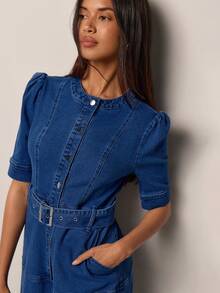 COSMINA Women's Spring/Summer Lightweight Blue Denim V-Neck Button-Front Mid-Length Waist-Cinched Straight Denim Dress - Blue - View 6