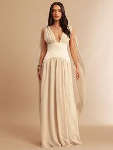 Silquee Apricot & White Deep V-Neck Ruched A-Line Backless Dress, Elegant Attire For Bridesmaids, Weddings, Beach Vacations, Dates, Parties, Cocktail Events, Romantic Occasions - Apricot - View 1