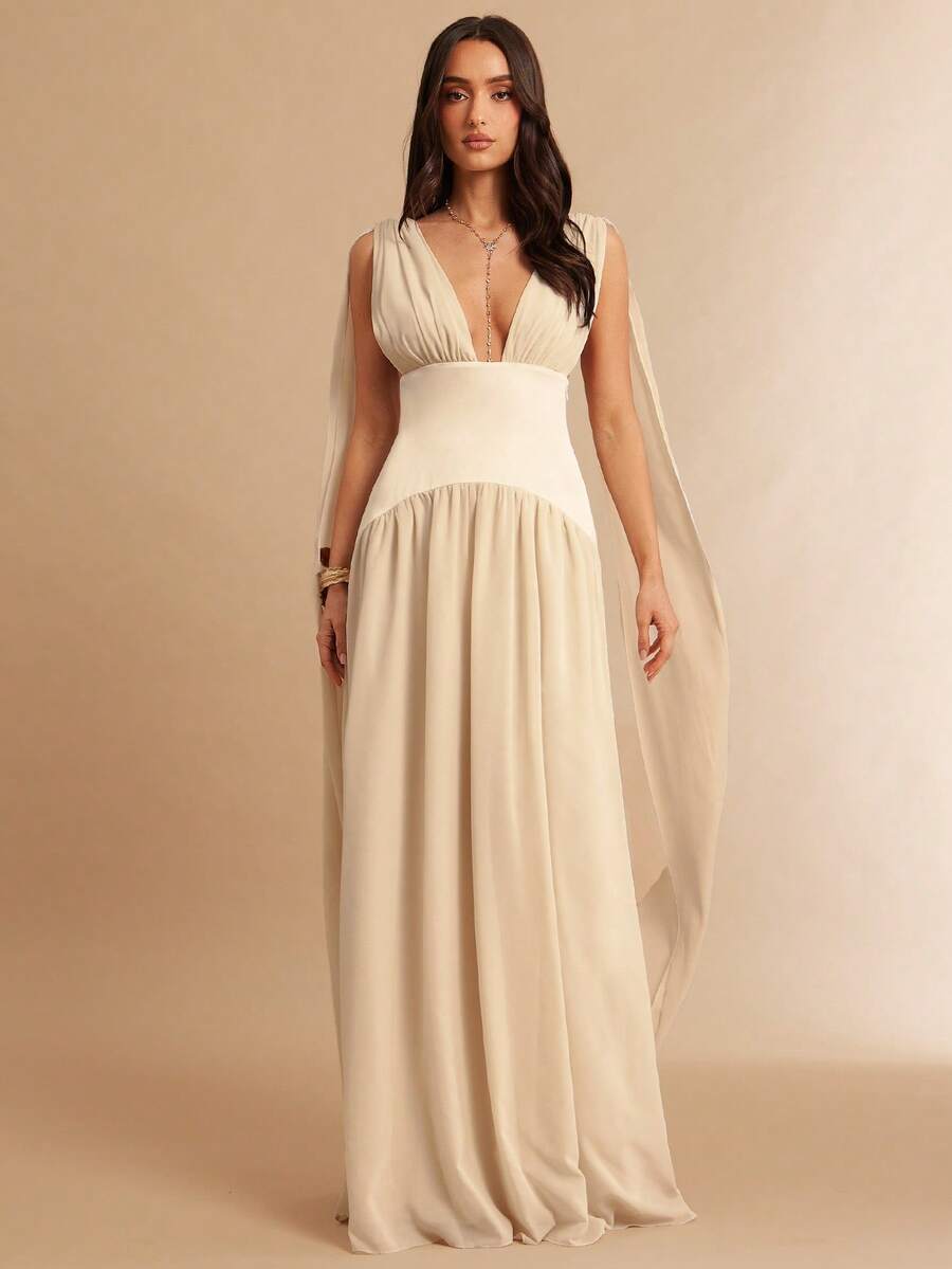 Silquee Apricot & White Deep V-Neck Ruched A-Line Backless Dress, Elegant Attire For Bridesmaids, Weddings, Beach Vacations, Dates, Parties, Cocktail Events, Romantic Occasions - Apricot - View 1