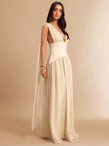 Silquee Apricot & White Deep V-Neck Ruched A-Line Backless Dress, Elegant Attire For Bridesmaids, Weddings, Beach Vacations, Dates, Parties, Cocktail Events, Romantic Occasions - Apricot - View 5