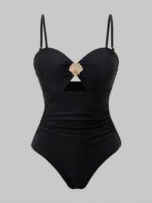Swim Oasis Women's Black Elegant Ruched One-Piece Swimsuit With Coverup,Summer Beach Holiday Bathing Suit Set,Solid Color Metal Decor Boho Vacation Outfits,2026 - Black - View 4