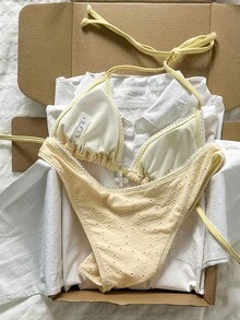 Swim Mod Women's Spring/Summer Jacquard Fabric Halter Butterfly Ruffle Bikini Set - Yellow - View 4