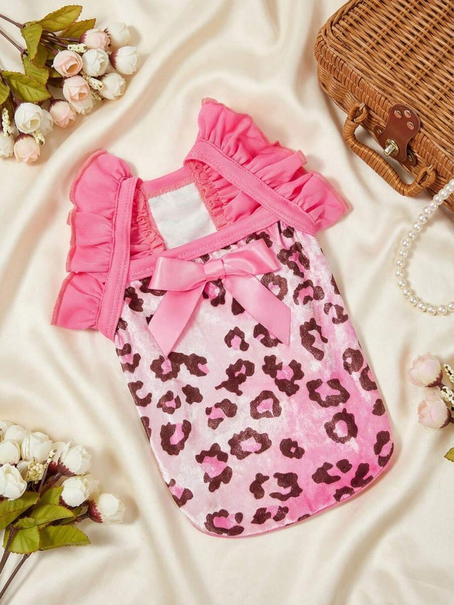 PETSIN 1pc Pet Cat/Dog Velvet Leopard Print Knitted Stretchy Cute Cap Sleeve Ruffled Dog Vest - Multicolor - View 1