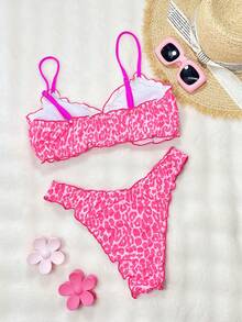 Bonvoyette Summer Fuchsia Leopard Print Tie Front Bikini Set, Sexy Cute Beach Swimwear For Women - Multicolor - View 2
