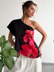 RiviMae 女士不对称下摆印花露肩上衣 - 黑色 - 查看 1