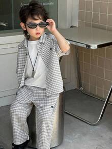 Dazy Kids 男童格子短袖衬衫和裤子套装（夏季款） - 黑與白 - 查看 5