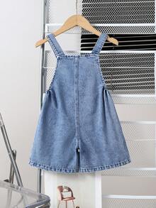 SHEIN Toddler Girls' Denim Pinafore Dress,Blue,Back-To-School Sweet A-Line Silhouette,3D Bow Decor&Pink Embroidered Design,Soft Spring/Summer Fashionable - Medium Wash - View 3
