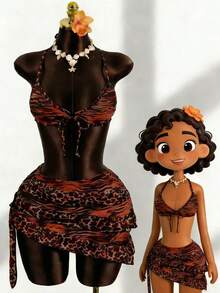 Zestiva 2026新款豹纹三件套泳衣，性感比基尼套装，沙滩泳装，女士泳衣，两件套泳衣，动物纹比基尼 - 紅色 - 查看 1