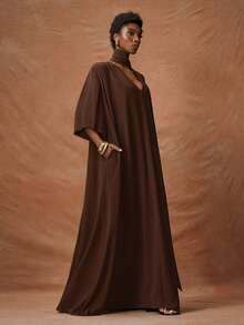 Zivah 2026春夏新款音乐节、复活节、圣帕特里克节、情人节、约会、西部风、游牧风、生日派对、毕业典礼、学院风、学生装、日常穿着、百搭基础款、休闲装、度假、邮轮旅行、海滩、日光浴、爆款、街头风、婚礼宾客、通勤、早午餐、机场、派对、假日郊游、办公室穿着 V领中袖长款宽松A字连衣裙，配腰带、褶皱、绿色、口袋 - 棕色 - 查看 5