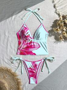 Swim Mod Women's Sweet Floral Print Camisole Bikini Top With Ruffle Trim, Spring/Summer - Multicolor - View 3