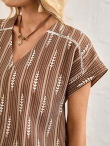 Breezaya Vacation & Work Commute Bohemian Striped & Geometric Print Shirt, Spring/Summer - Brown - View 6