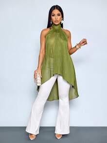 女士春夏纯色度假风日常穿搭夏威夷休闲度假优雅性感通勤简约衬衫优雅露肩无袖雪纺上衣高领飘逸派对晚宴婚礼宾客 - 橄欖綠 - 查看 3