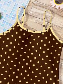 少女休闲简约波点连体泳衣，适合夏季穿着，波点图案，海滩度假拍照搭配，夏季假期，美观泳衣，泳池派对，夏令营，田园风，沙滩装 - 彩色 - 查看 4