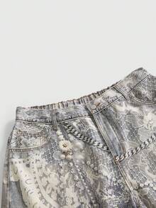 ROMWE Millennium Y2K Retro Streetwear Distressed Lace Print Effect Loose Fit Plus Size Women Jeans - Baby Blue - View 3
