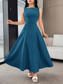 Feyla Women's Solid Color Button Design Elegant Sleeveless Dress - Blue - View 6