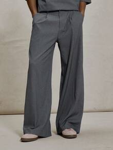 Musero Wide Leg Tailored Smart Style Pleated Suit Pant Trouser Co Ord Bottoms Only Autumn Winter Essentials - Dark Grey - View 2