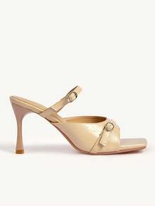 CUCCOO CHICEST 女士秋季杏色方头高跟凉鞋 女士双扣细高跟凉鞋 - 杏色 - 查看 3