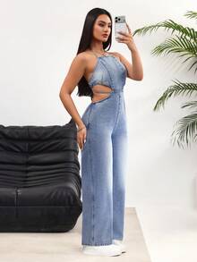 Rivivi Women's Backless Halter Denim Jumpsuit - Blue - View 1
