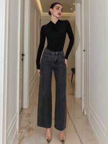 Bris Aura Chaebol Heavy Industry 女款黑色水钻装饰直筒牛仔裤 - 黑色 - 查看 1