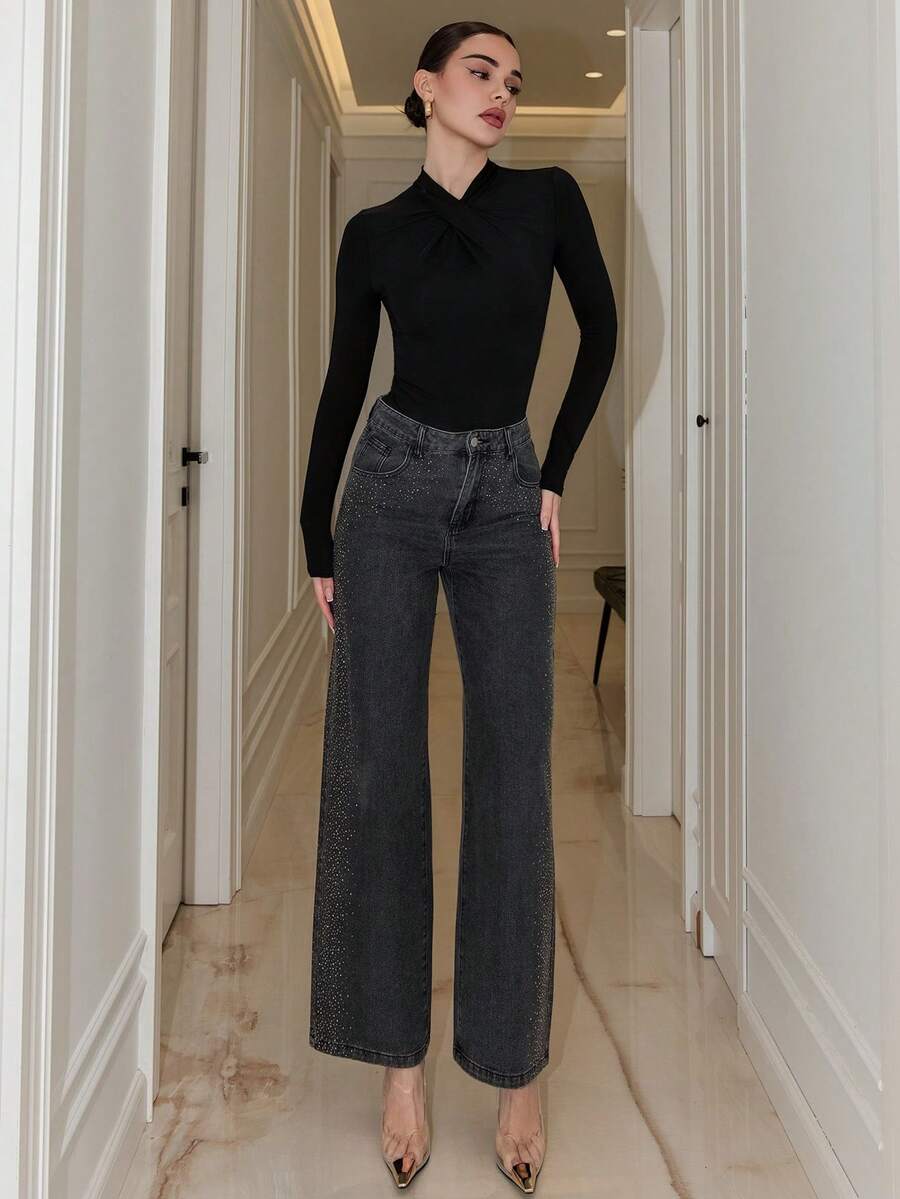 Bris Aura Chaebol Heavy Industry 女款黑色水钻装饰直筒牛仔裤 - 黑色 - 查看 1