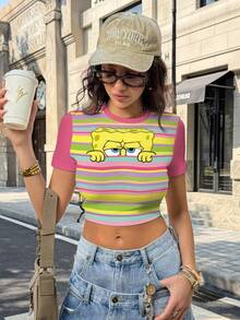 SpongeBob SquarePants | SHEIN 女士休闲彩色条纹卡通印花短款T恤，夏季 - 白色 - 查看 4