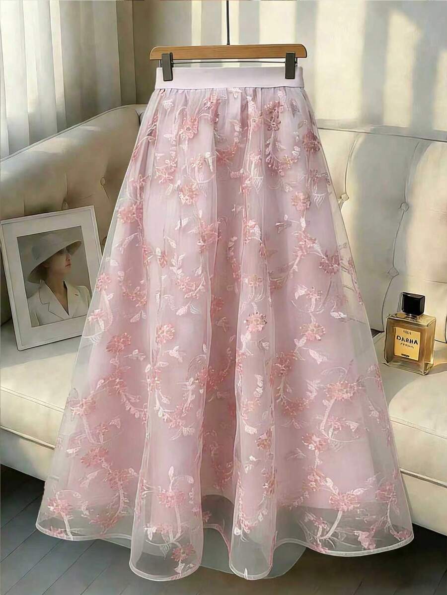 GlowEve Women's Elegant Delicate Heavy-Duty Mesh Double-Color Embroidered Textured Random Cut Elastic Waist Flared Layered Skirt, Spring/Summer Embroidered Skirt Prom Skirt Womens Skirts Skirt For Wedding Organza Skirt - Pink - View 1
