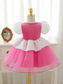 SHEIN Glamorique Kids 女婴公主薄纱连衣裙，玫瑰红网纱连衣裙，宝石装饰，生日派对婚礼节日正式礼服，泡泡袖，可爱奢华正式礼服，四季皆宜，袖口带装饰 - 玫紅色 - 查看 2