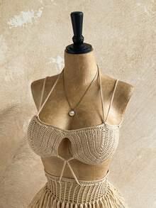 Soleia New Vacation Knit Halter Tie Rope Multi-Layer Tassel Mini Dress, Suitable For Party, Date, Valentine's Day, Easter, Carnival, Afternoon Tea, Beach Cruise, City Vacation, Autumn/Winter Layering - Khaki - View 7