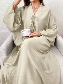 Yasmyna Women's Solid Color V-Neck Knotted Ruched Casual Party Travel Arabic Style Dress - Apricot - View 8