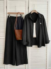 SHEIN EZwear Women's Black Woven Shirt With Horse Embroidery And Pants Casual Suit - Black - View 4