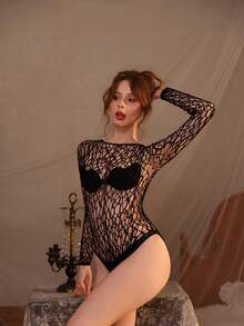 1pc Women's Sexy Hollow Out Sheer Fishnet Bodysuit - Black - View 3
