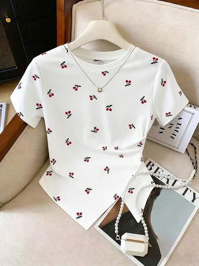 GlowEve CURVE Plus Cherry Print Asymmetrical Hem Tee Women T Shirt Women's Short Sleeve Tops Cute Shirts For Women Women's Tops For Summer