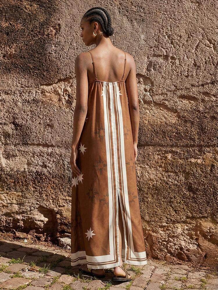 SHEIN Maija Women's Minimalist Print Spaghetti Strap Mid-Length Dress  St Patrick's Day Women Easter Summer Outfits Easter Dress Women Party Top Beach Dress Summer Holiday Outfits Each Vacation Outfits For Women  Summer Outfit For Women Going Out Outfits Graduation Graduation Outfit  Casual Dresses  Casual Blouses For Women Brown Maxi Dress Beach Long Dress