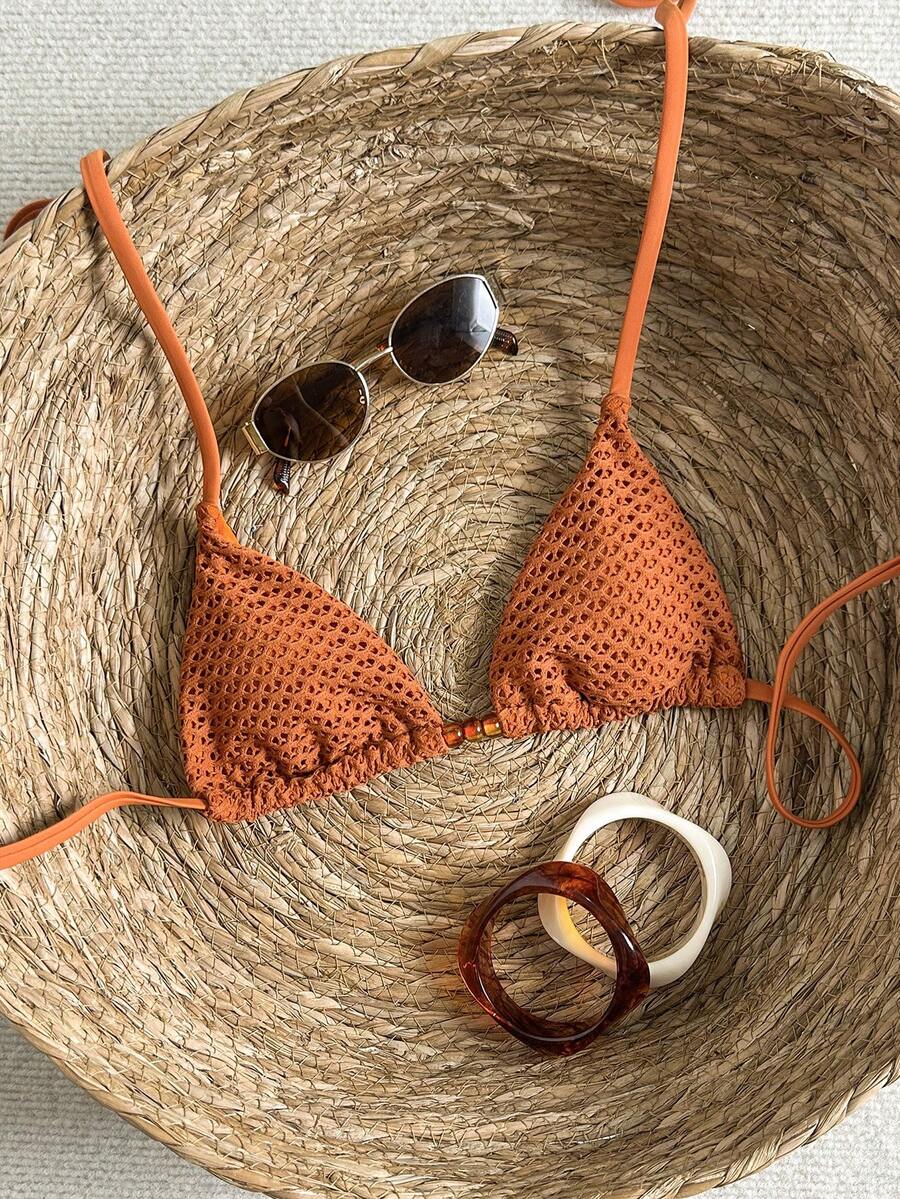 Swim Mod-D Women's Spring/Summer Jacquard Fabric Beaded Halter Bikini Top - Brown - View 1