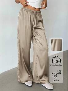 Aloruh 女式低腰休闲复古缎面百搭卡其色麻灰色长裤 - 卡其色 - 查看 2