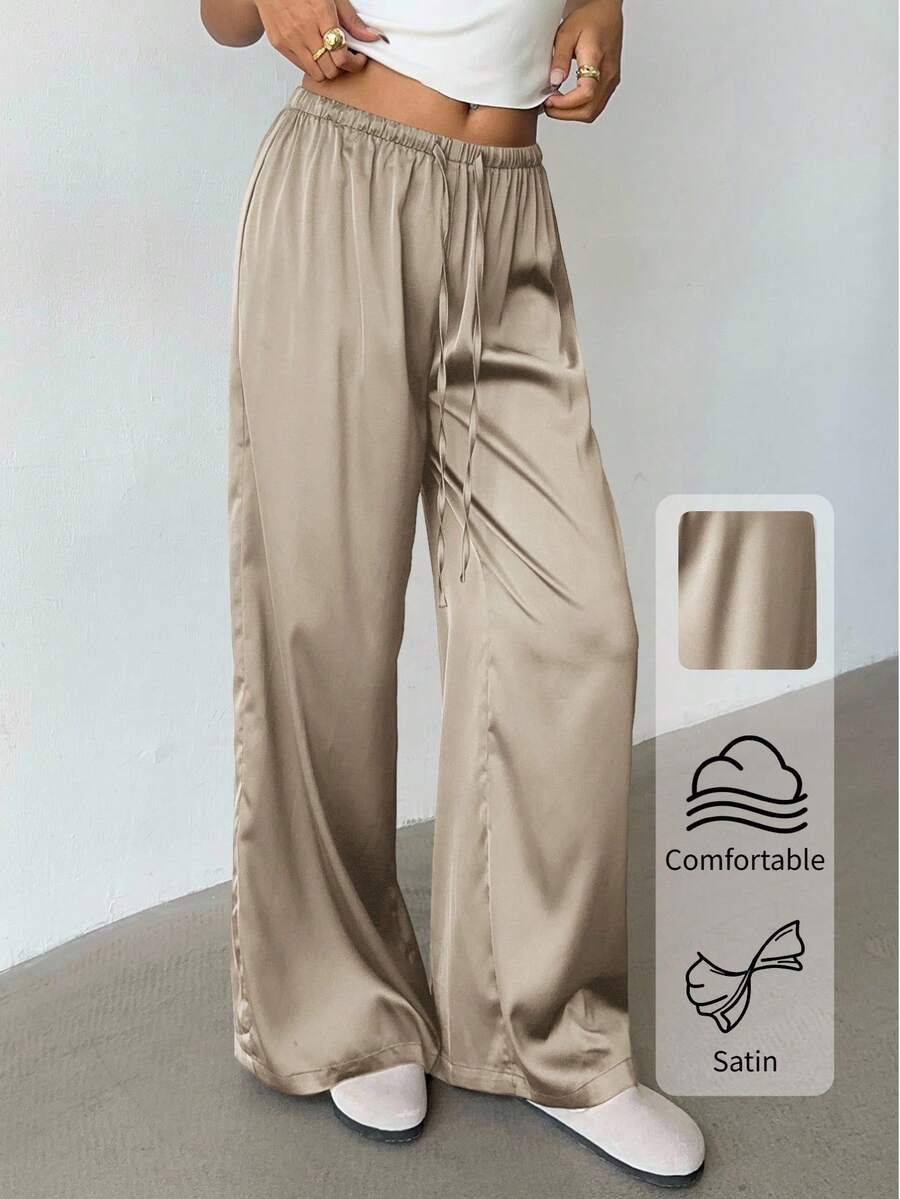 Aloruh 女式低腰休闲复古缎面百搭卡其色麻灰色长裤