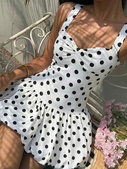 Sparklyn Vestido casual sin mangas con lunares negros y diseño frontal, adecuado para vacaciones, salidas y actividades diarias, primavera/verano para adolescentes