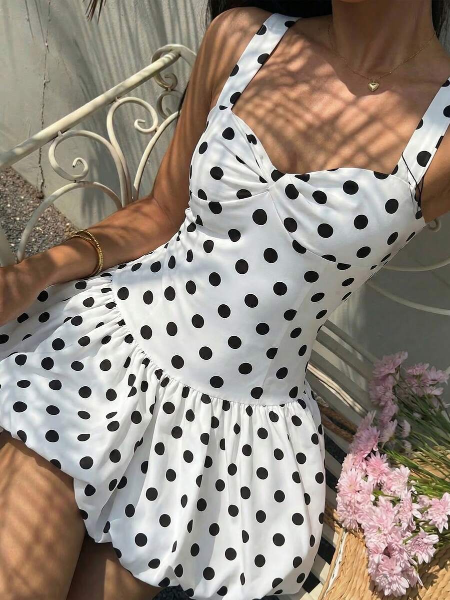 Sparklyn 少女黑色波点无袖休闲连衣裙，正面设计，适合度假、外出和日常活动，春夏款 - 白色 - 查看 1