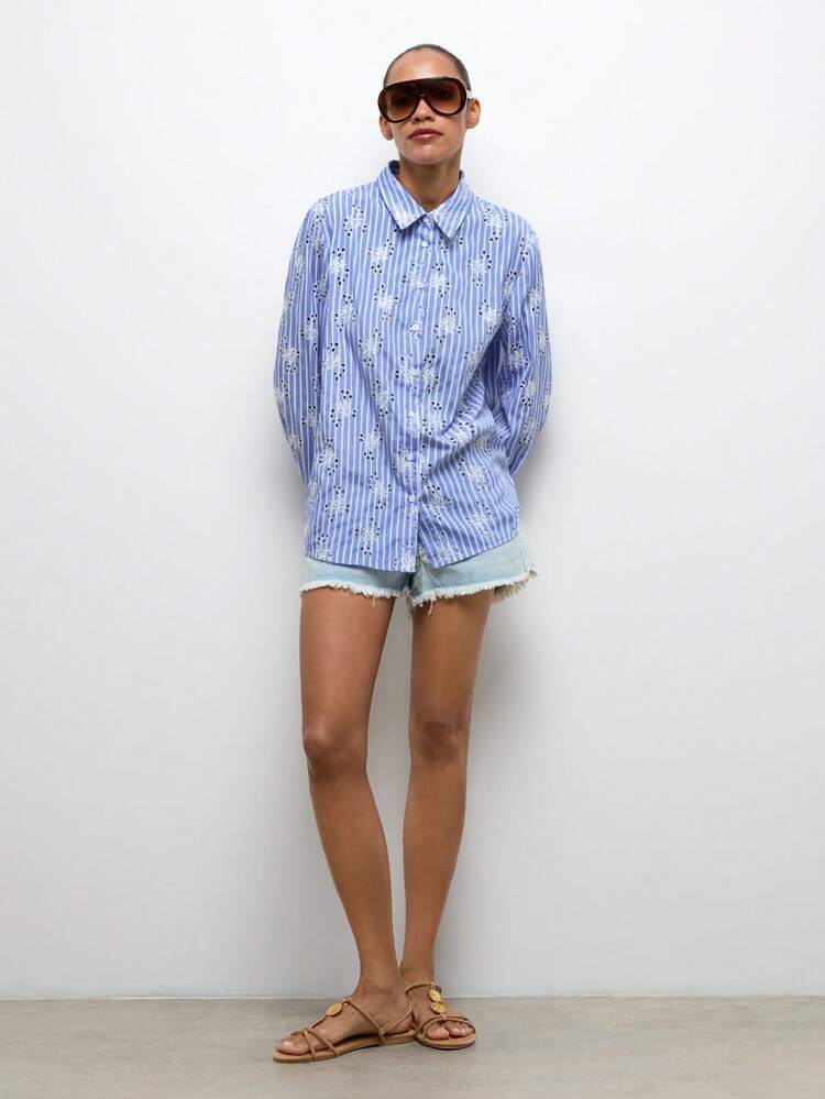 SHEIN Maija Striped Print Hollow Embroidery Front Button Casual Long Sleeve Shirt St Patrick's Day Women Easter Summer Easter Women Party Top Beach Summer Holiday Each Vacation For Women Summer For Women Going Out Graduation Graduation Casual Casual Blouses For Women Preppy Clothes Women's Summer Outfits