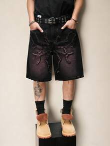 Manfinity EMRG Quần short denim dáng rộng nhuộm màu tím loang họa tiết nhện của thương hiệu New American Streetwear. - màu đen - Xem 4