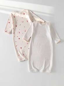 2pcs/Set Newborn Baby Pink Star, Moon, Cloud & Stripe Pattern Long Sleeve Pajamas - Beige - View 2