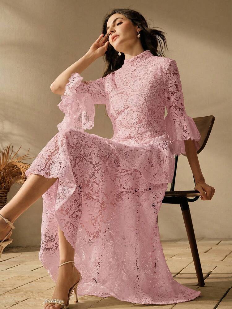 White Lace Midi Dress, Elegant Romantic Dress With Ruffle Hem, Sexy Formal Dress For Valentine's Day