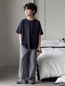 Dazy Kids 2件套幼儿男童圆领针织短袖T恤+格子裤休闲套装，春夏款 - 藏蓝色 - 查看 3