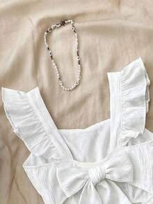 SHEIN Teen Girls Cap Sleeve Bow Back Casual Dress, Fashionable, Versatile, Suitable For Party, Outing, Sister Photo Shoot, Park, Camping, Vacation, Daily Casual Wear - White - View 4