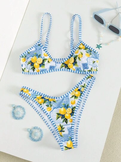 Swim Vcay Bộ 2 món bikini in họa tiết ngẫu nhiên, dây đeo điều chỉnh được, kiểu dáng gợi cảm và thanh lịch, thích hợp cho bãi biển và tiệc bể bơi.
