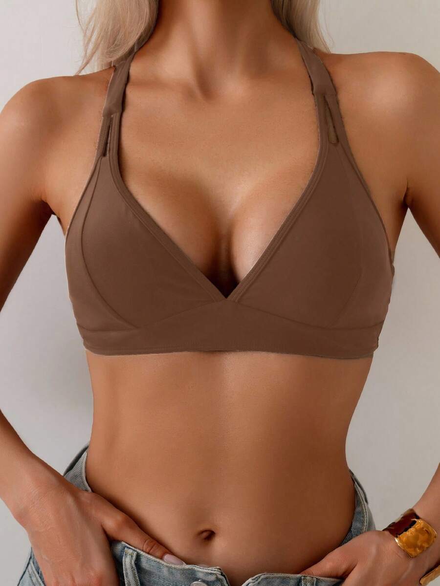 SHEIN Swim 女士纯色交叉后背带简约休闲比基尼上衣 - 棕色 - 查看 1