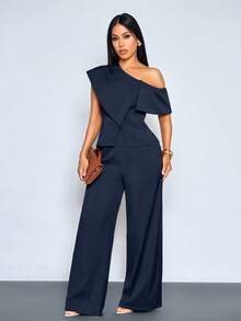 SOLERSUN 女士优雅复古商务休闲两件套，不对称领口收腰单排扣衬衫搭配阔腿口袋细节长裤，完美适用于度假和日常通勤。 - 藏蓝色 - 查看 1