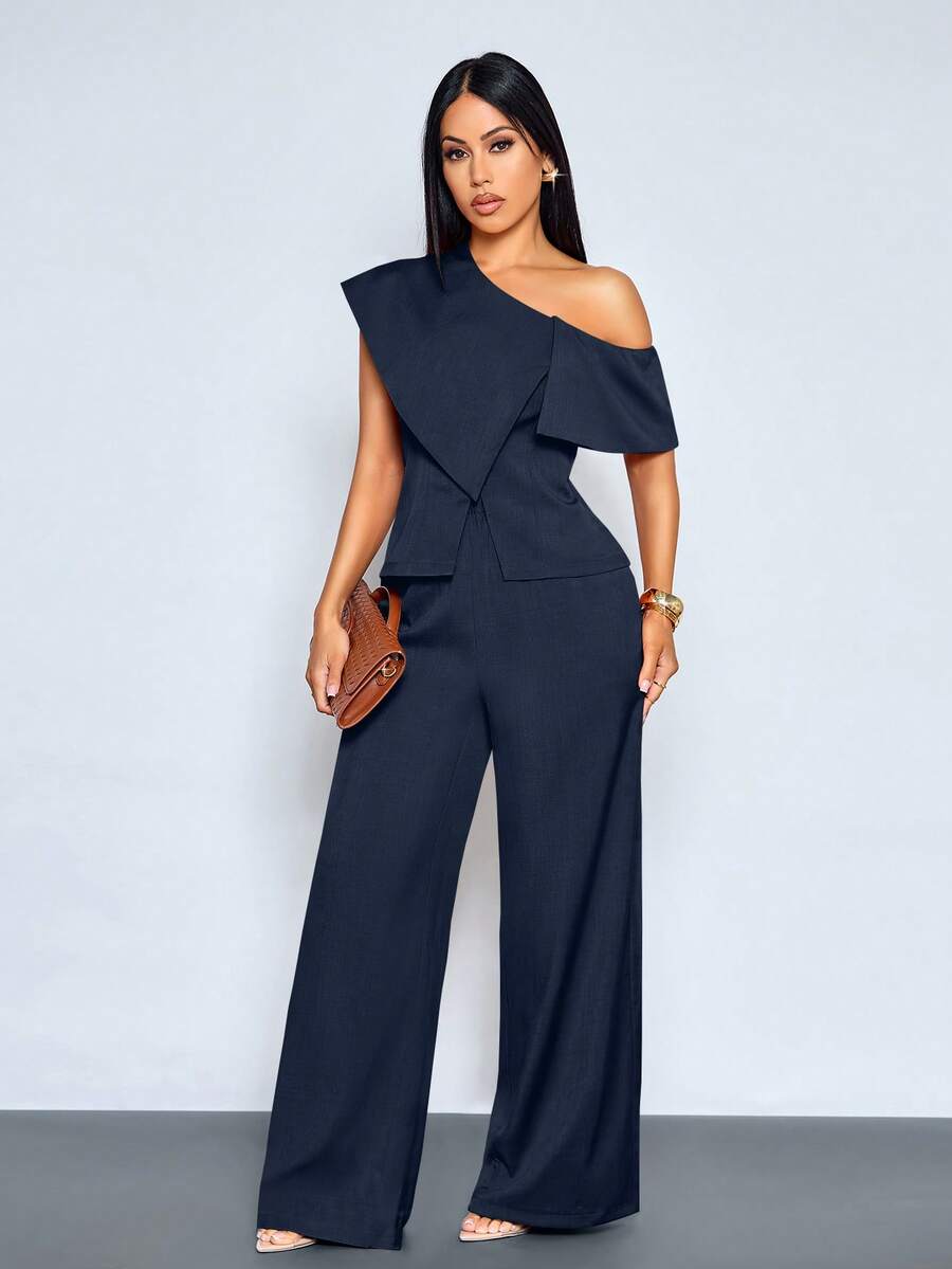 SOLERSUN 女士优雅复古商务休闲两件套，不对称领口收腰单排扣衬衫搭配阔腿口袋细节长裤，完美适用于度假和日常通勤。 - 藏蓝色 - 查看 1